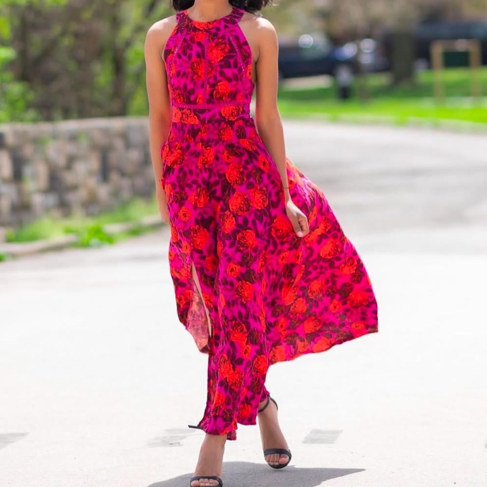 Abel the Label Charlotte Maxi Dress Pink/Red Floral Tie-Back XS